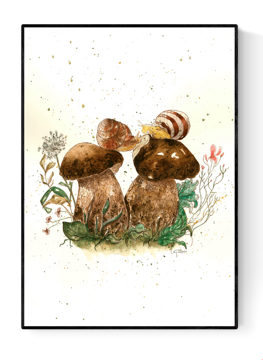 Watercolor illustration of two snails resting on forest mushrooms, painted in soft earthy tones by Giu. Poetic nature art print with botanical details, ideal for nursery decor, calm interiors, and modern wall art.