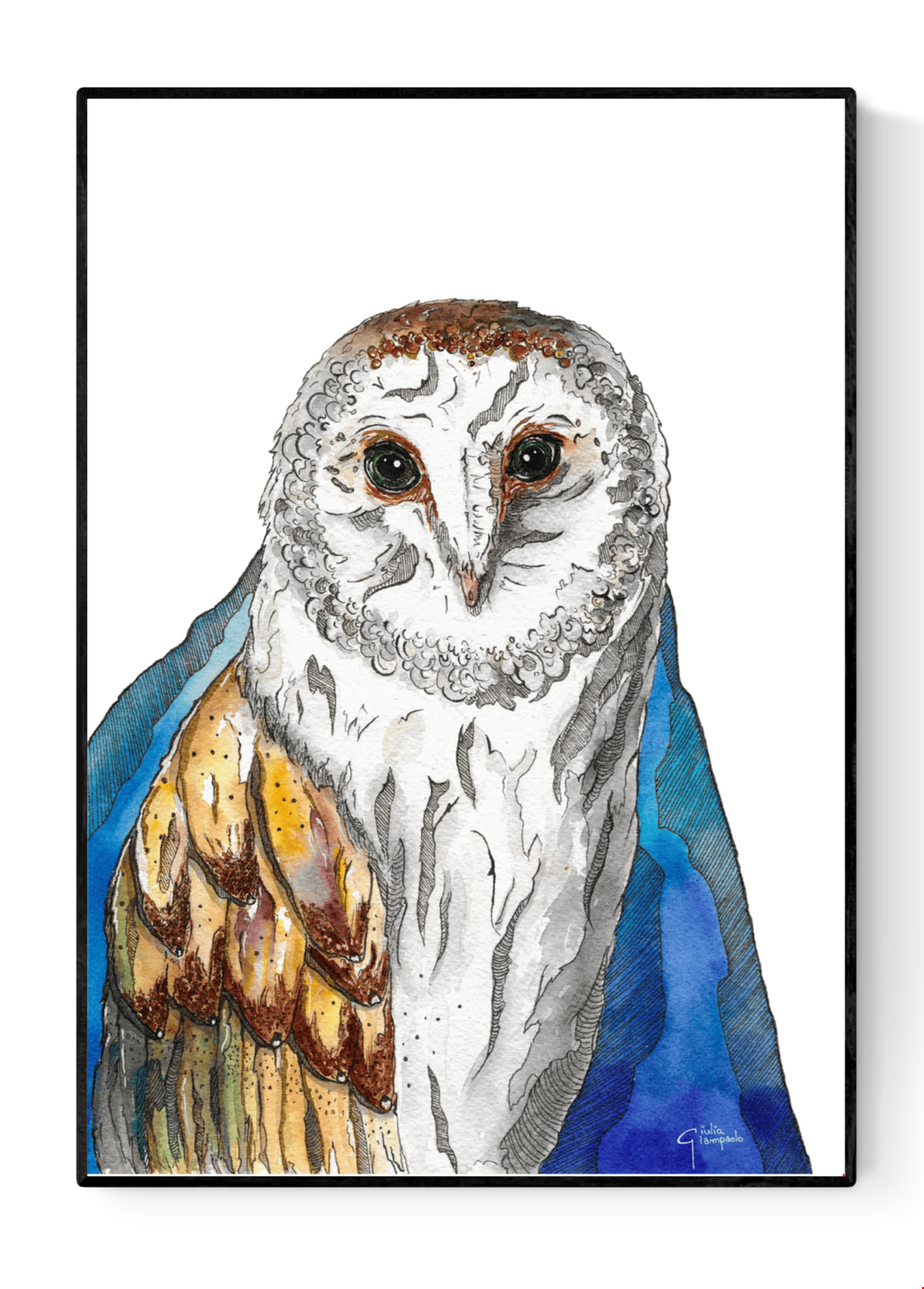 Watercolor owl art print titled The King of the Night by Giu, featuring a detailed barn owl with expressive eyes, soft textures, and deep blue tones, contemporary A3 wall art for modern interiors.