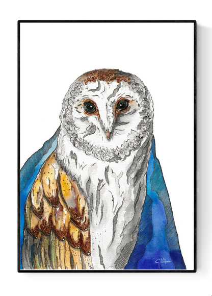 Watercolor owl art print titled The King of the Night by Giu, featuring a detailed barn owl with expressive eyes, soft textures, and deep blue tones, contemporary A3 wall art for modern interiors.