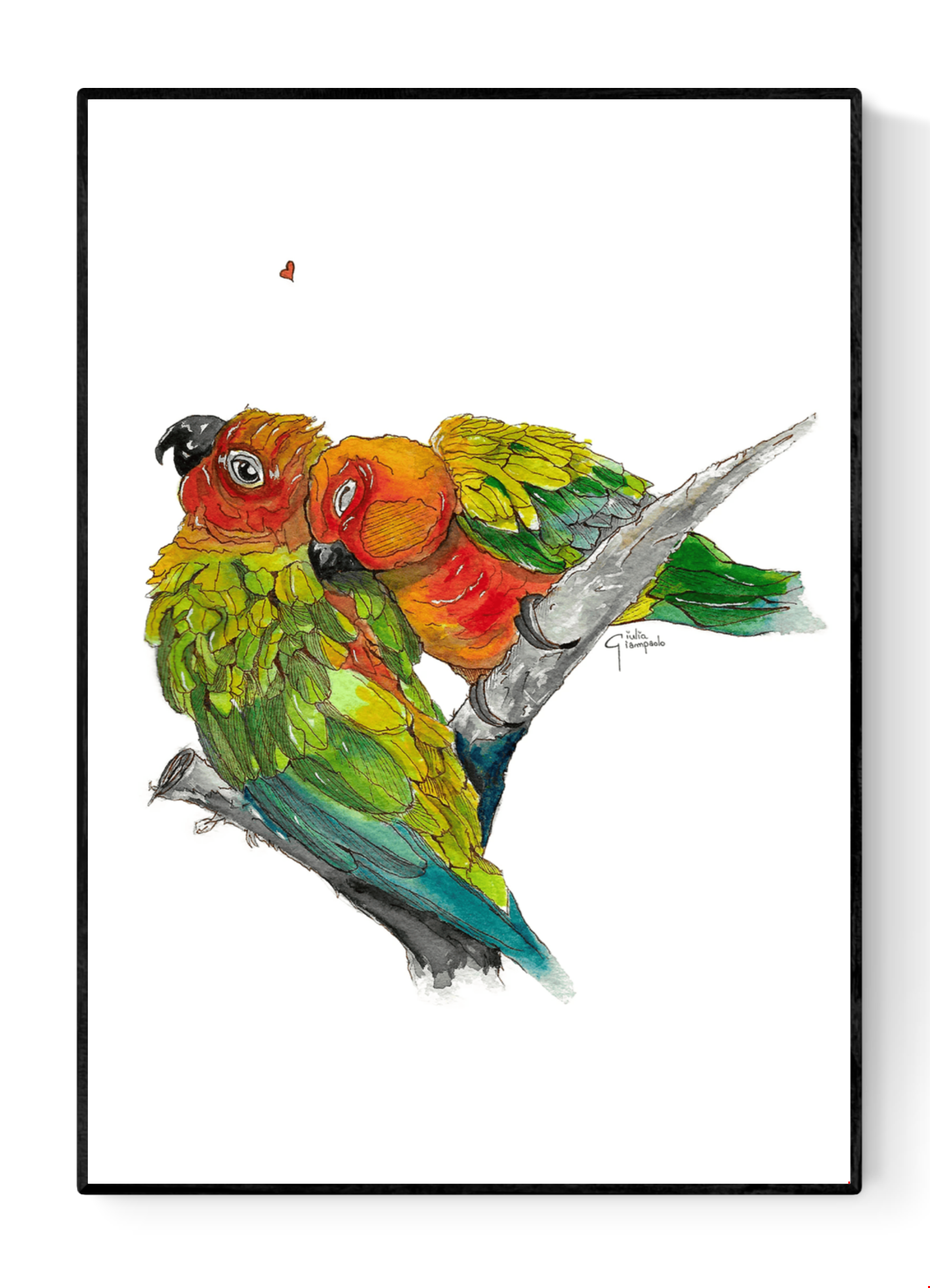 Watercolor illustration of two inseparable lovebirds resting closely on a branch, painted in warm greens, yellows, and reds, romantic bird art print by Giu for modern home decor