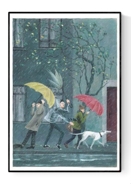 Illustration Regen by Stien van Kerckhoven showing three people and a white dog walking in heavy rain with colorful umbrellas — a charming, high-quality digital art print full of motion, humor, and cozy atmosphere, perfect wall art for lovers of whimsical everyday scenes.