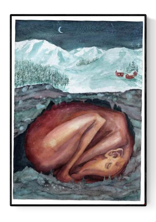 Dreamlike digital illustration titled Winterslaap by Belgian artist Stien van Kerckhoven, depicting a curled human figure sleeping peacefully beneath a snowy mountain landscape with a crescent moon and small red cabins — symbolic art print about hibernation, rest, and the warmth of winter stillness.