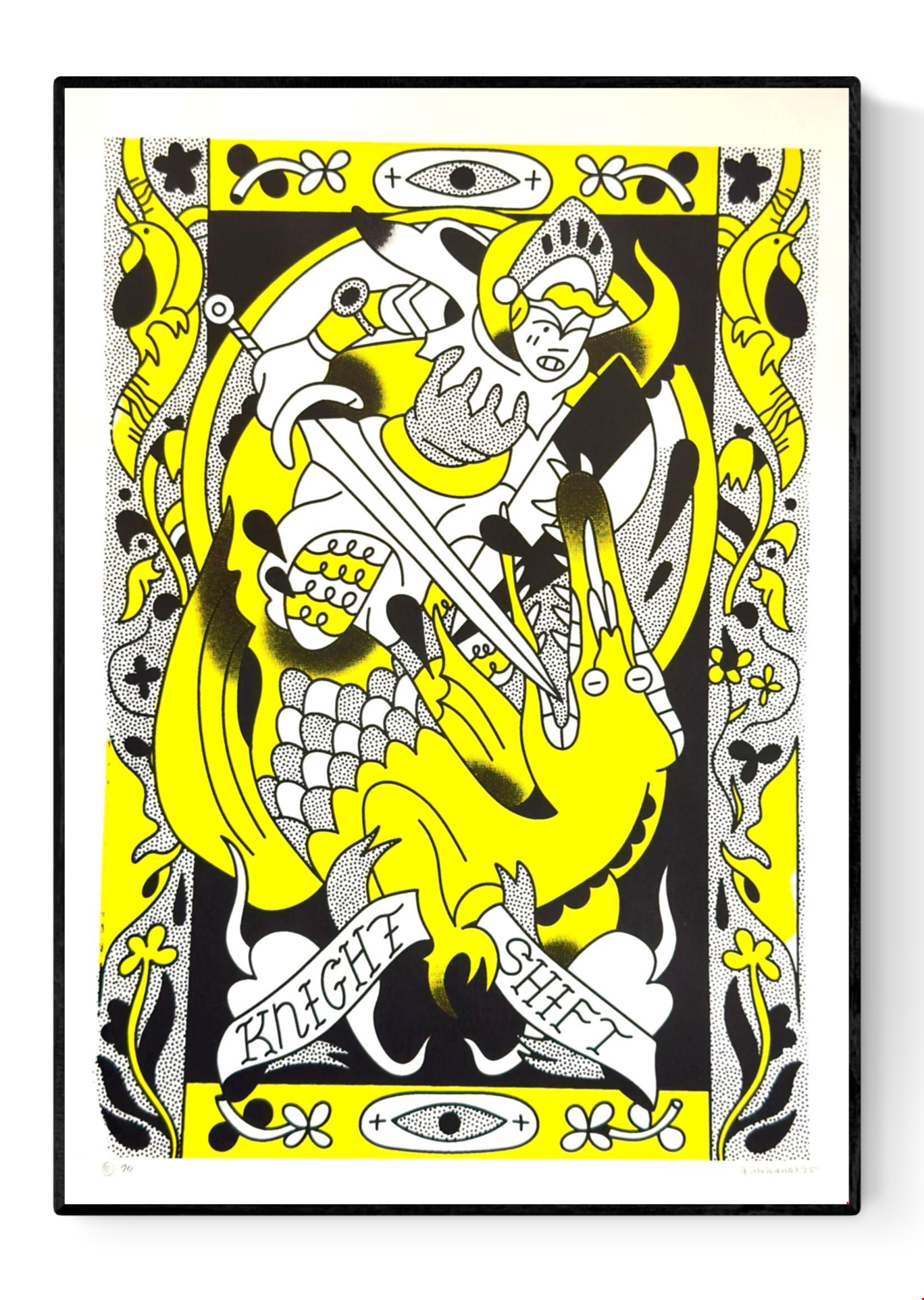 Vibrant A3 screen print Knight Shift by Auwnanas featuring a playful knight battling a stylized dragon in bold yellow and black tones, surrounded by decorative medieval-inspired patterns. Limited edition artwork with strong graphic lines, ideal for modern art collectors in Belgium, the Netherlands, France, and Germany.