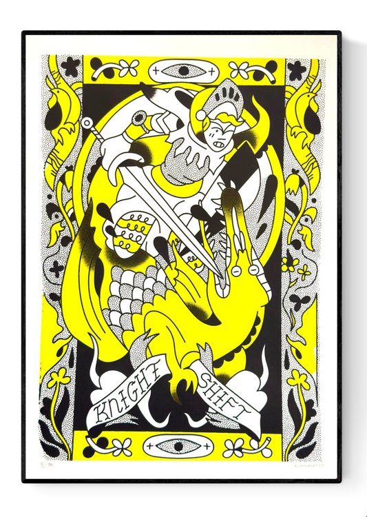 Vibrant A3 screen print Knight Shift by Auwnanas featuring a playful knight battling a stylized dragon in bold yellow and black tones, surrounded by decorative medieval-inspired patterns. Limited edition artwork with strong graphic lines, ideal for modern art collectors in Belgium, the Netherlands, France, and Germany.