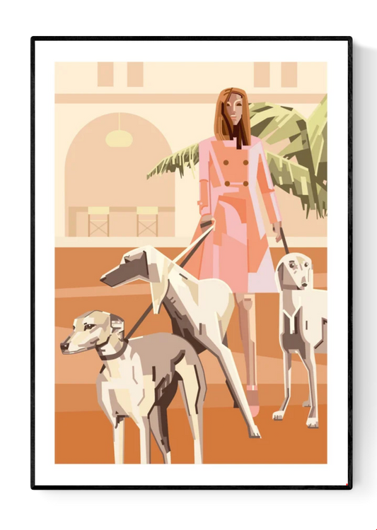 “Who Let the Dogs Out” by Floor 4 Productions – A3 digital art print of a fashionable woman walking three elegant greyhounds in a modern, pastel urban setting, Belgian illustration.