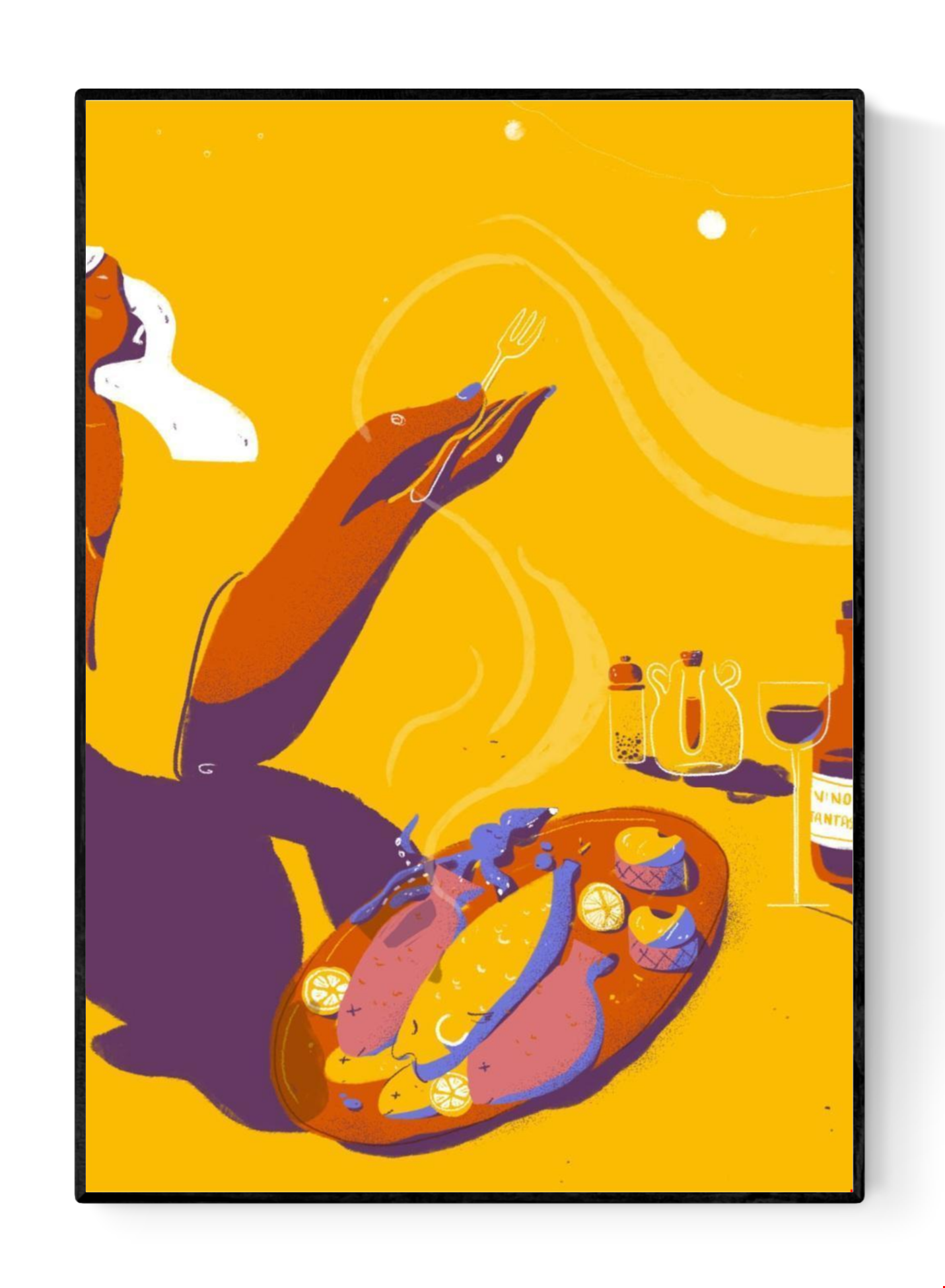 “Vino Fantastico” by Gheleyne Bastiaen – 30x40 cm digital art print showing a joyful dinner scene with wine, fish, and lemons, in warm yellow, purple and orange tones, modern Belgian illustration.