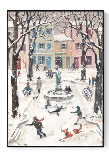 Winter scene illustration of a European village square filled with children and adults playing in the snow, a dog running, and pastel buildings in the background. A nostalgic, cozy winter print by Belgian illustrator Stien van Kerckhoven.