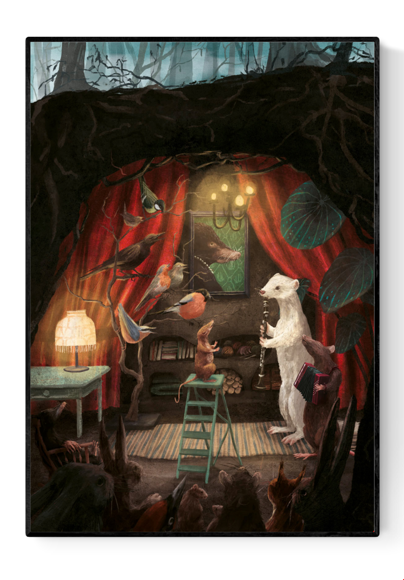 Illustration of an underground woodland concert in winter by Stien van Kerckhoven — animals like mice, birds, and a white weasel play music under red curtains and warm light, creating a cozy, magical forest atmosphere. Perfect for lovers of nature-inspired and whimsical wall art.