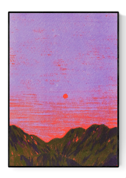 Atmospheric landscape illustration titled ‘China’ by Linde Raats, featuring a minimalist sunset over dark green mountains under a vivid purple and pink sky. This serene and dreamy art print captures the tranquility of dusk with a bold, contemporary color palette—perfect wall decor for lovers of modern travel art, Asian landscapes, and minimal aesthetic prints, available at Galerie Frits