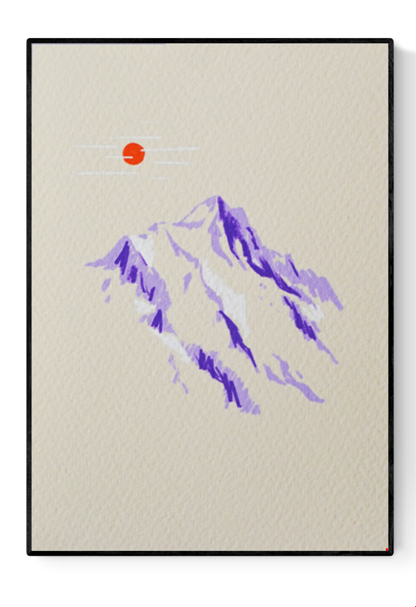 Minimalist illustration of a snow-capped purple mountain under an orange sun – Mountain Sketch by Linde Raats, A6 Giclée art print made in Belgium.