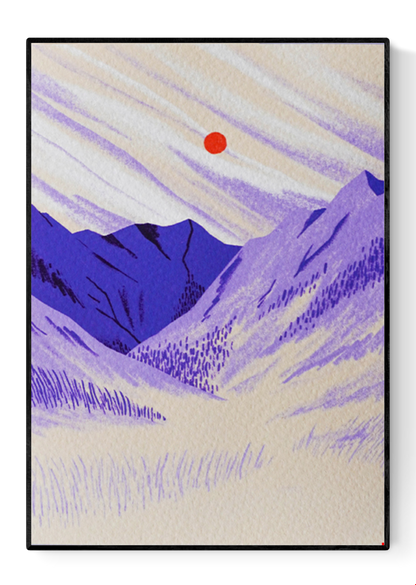 Minimalist landscape art print of purple mountains and an orange sun in a serene meadow – Mountain Meadow by Linde Raats, A6 Giclée illustration.