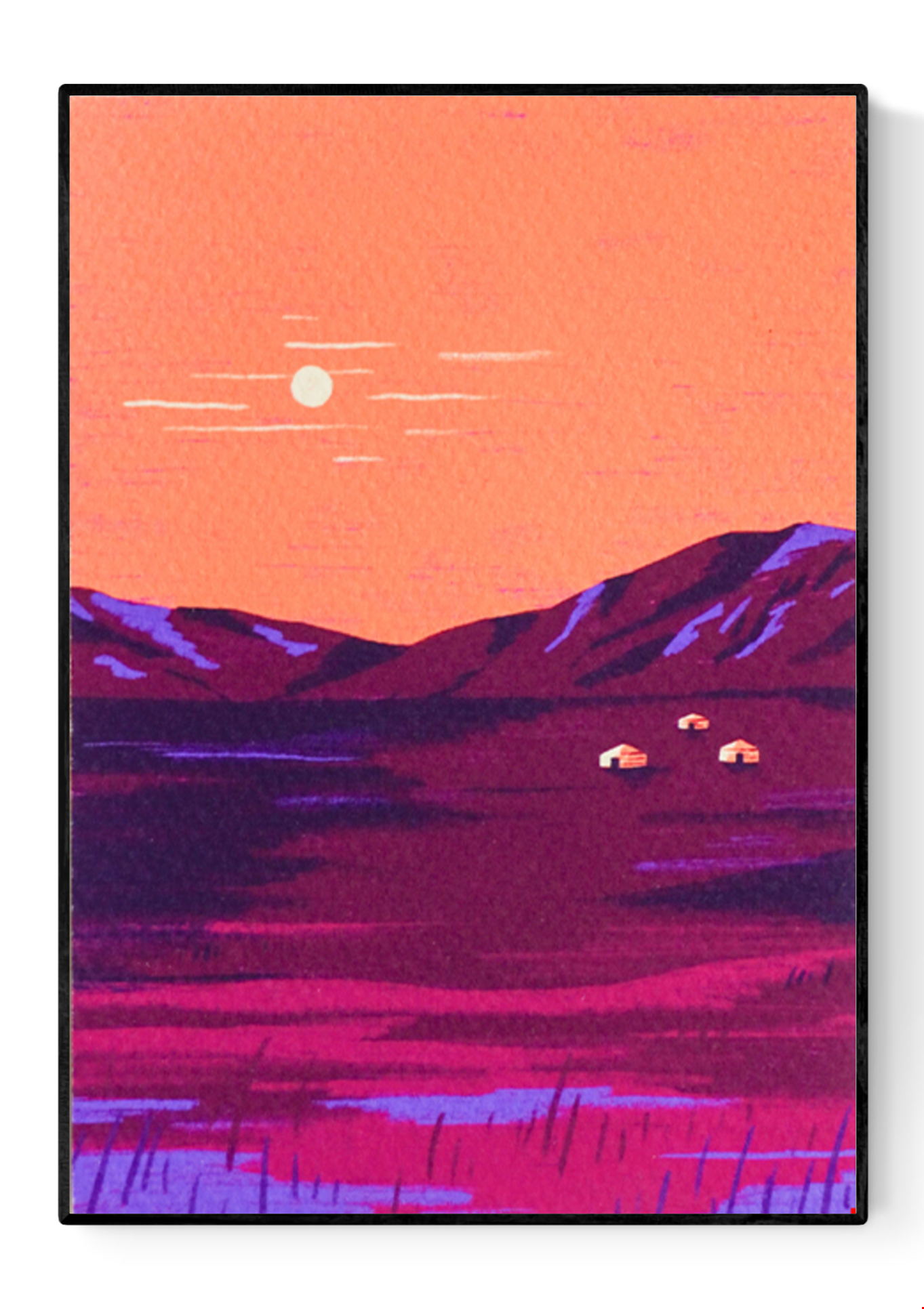 Colorful illustration of the Mongolian landscape at sunset with orange skies, purple mountains, and traditional yurts, created by Belgian illustrator Linde Raats.