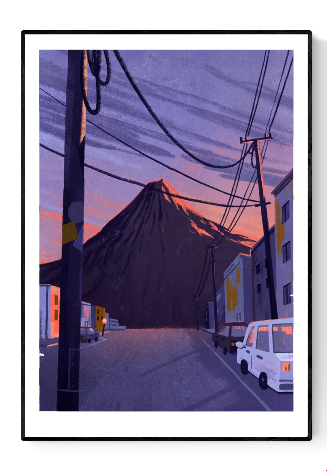 Illustration by Linde Raats showing Mt Pico volcano towering behind a quiet urban street at sunset, with deep purples, soft orange hues, and power lines cutting through the scene – 21x29.7 cm giclée print perfect for dramatic modern interiors