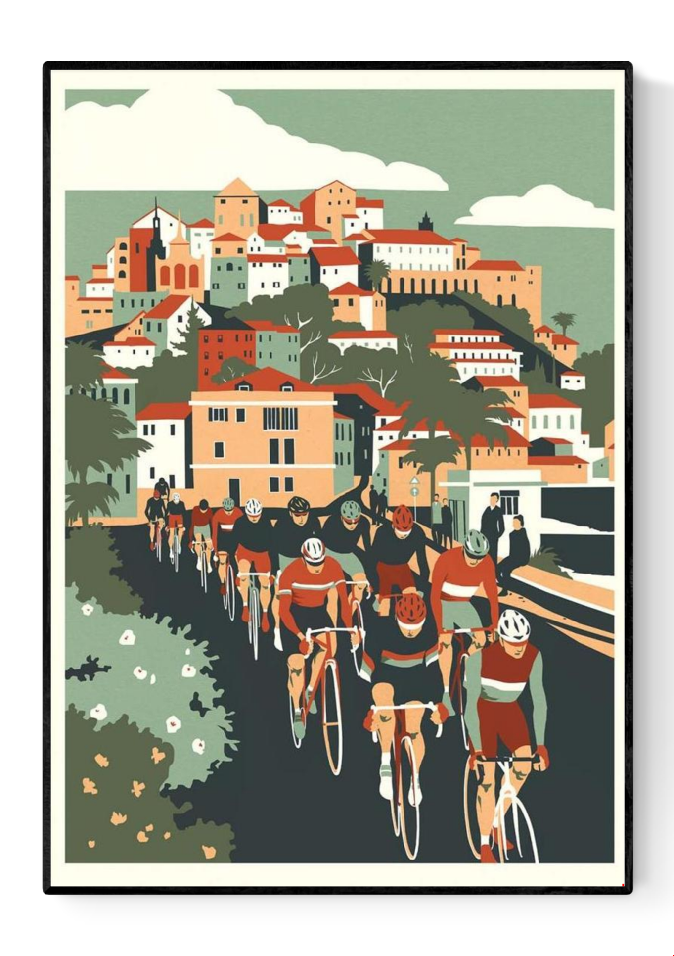 High-quality art print Milan San Remo by Eliza Southwood, showing cyclists racing along the Italian Riviera under a sunlit sky with colorful hillside houses. Retro-inspired illustration celebrating classic cycling, perfect wall art for sports and design lovers.