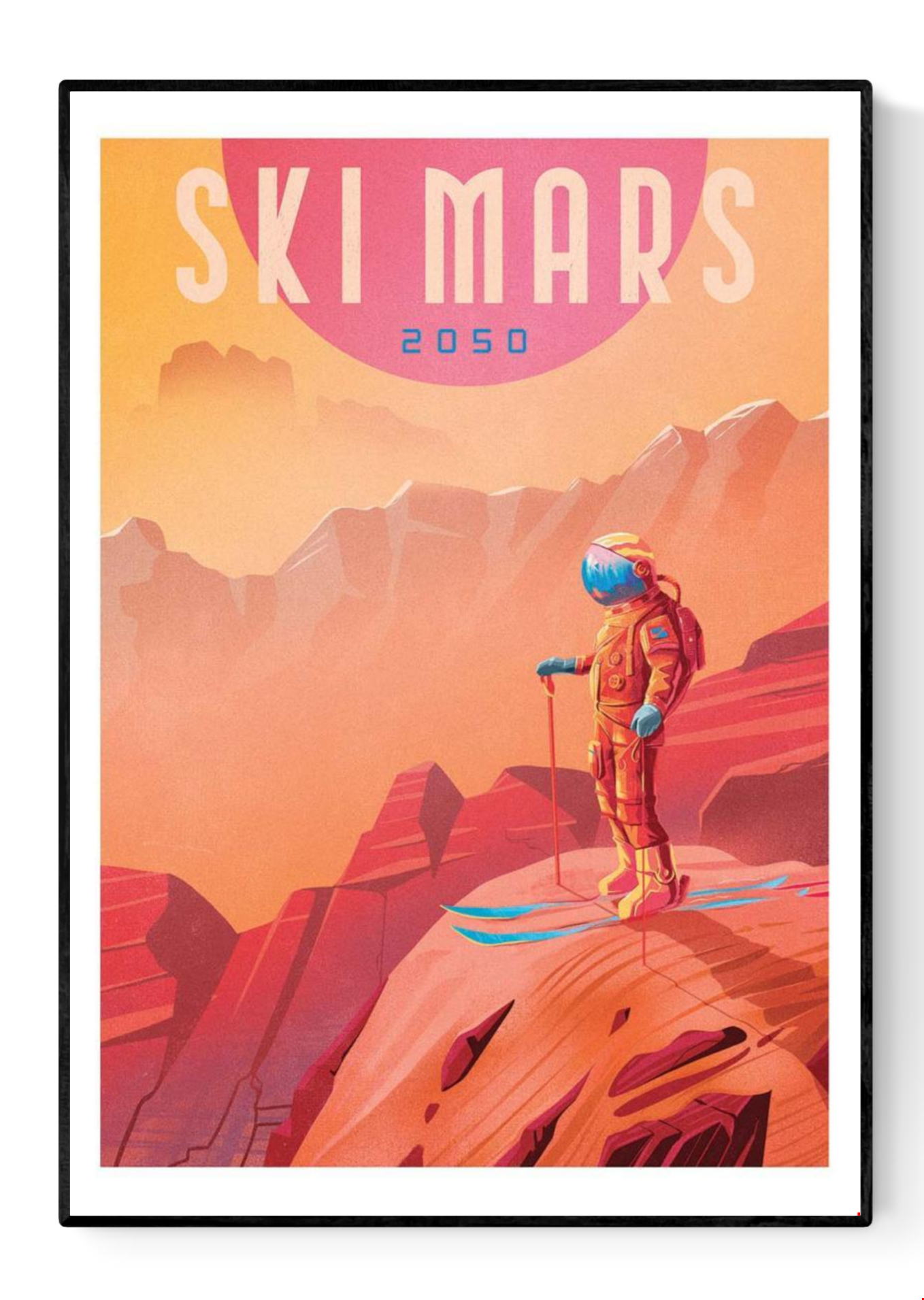 Retro-futuristic art print Ski Mars by Mark Harrison showing an astronaut skier overlooking the red Martian landscape under a pink sun. Vibrant orange and blue tones create a nostalgic sci-fi travel poster style, perfect wall art for design and space lovers.