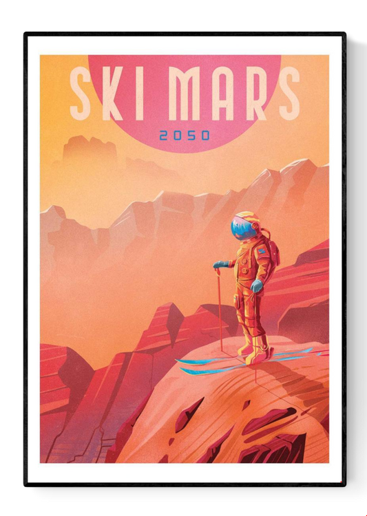 Retro-futuristic art print Ski Mars by Mark Harrison showing an astronaut skier overlooking the red Martian landscape under a pink sun. Vibrant orange and blue tones create a nostalgic sci-fi travel poster style, perfect wall art for design and space lovers.