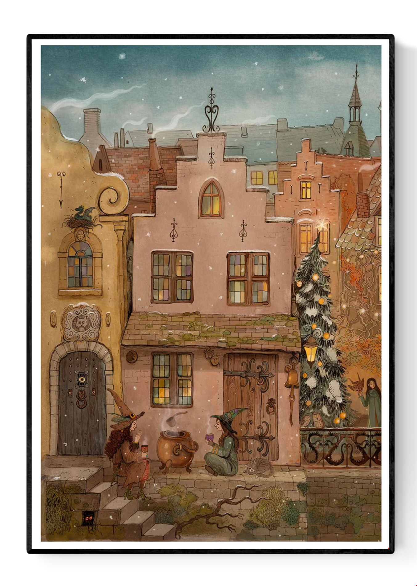 “The Potion” by Lena Yampolski – A4 fantasy art print of two witches sharing a drink in a snowy medieval village, with cozy lights, a decorated tree, and whimsical architecture. Folklore-inspired giclée print made in Belgium.