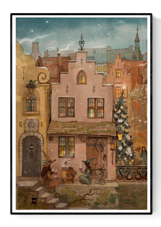 “The Potion” by Lena Yampolski – A4 fantasy art print of two witches sharing a drink in a snowy medieval village, with cozy lights, a decorated tree, and whimsical architecture. Folklore-inspired giclée print made in Belgium.