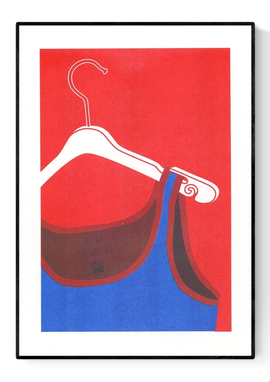 Risograph art print of a white coat hanger with a blue tank top by VrijFormaat. Minimalist red and blue composition celebrating everyday objects in bold graphic style. Perfect wall art for modern homes and design enthusiasts.