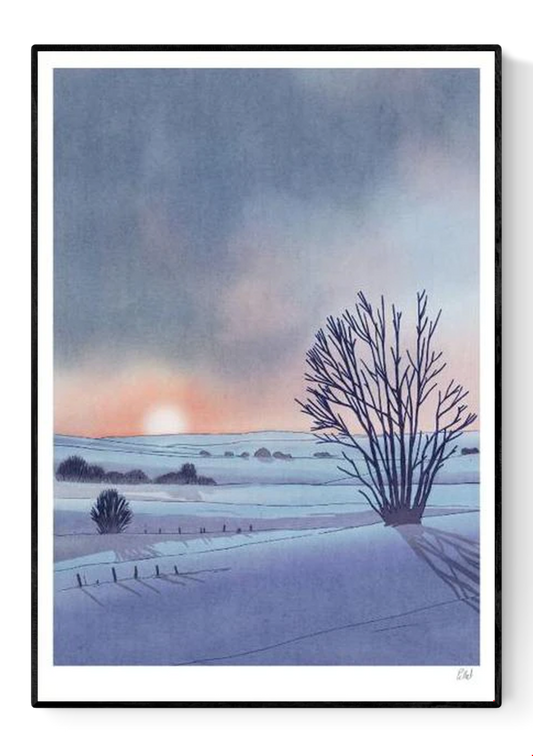 Collines art print by French illustrator Victor Pellet, 29.7 x 42 cm A3 risograph print in 4 colors, depicting a peaceful winter landscape at sunset with snow-covered hills and bare trees, printed on 150g Munken Print White paper, made in Belgium, unframed, packaged with protective sleeve and cardboard backing.
