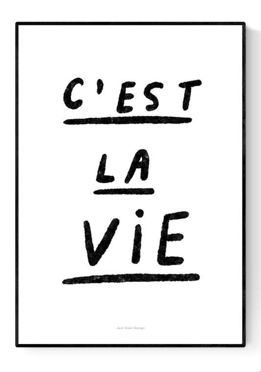 Black and white minimalist art print with handwritten French quote 'C'est la vie' by Just Cool Design – modern typography wall art for contemporary interiors, available at Galerie Frits