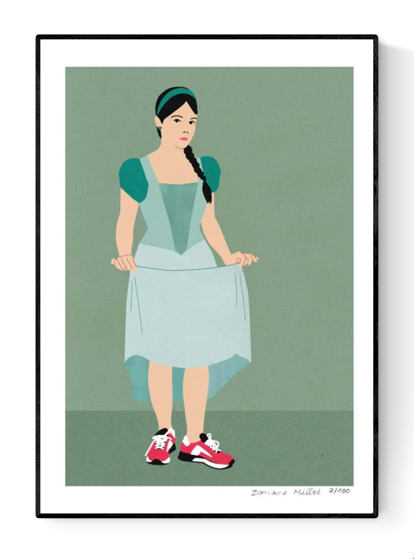 "Feet on the Ground" by Doriane Millet – minimalist illustration of a modern girl in a fairytale-style dress and red sneakers, standing confidently on a muted green background; whimsical and empowering wall art print blending classic and contemporary styles, available at Galerie Frits