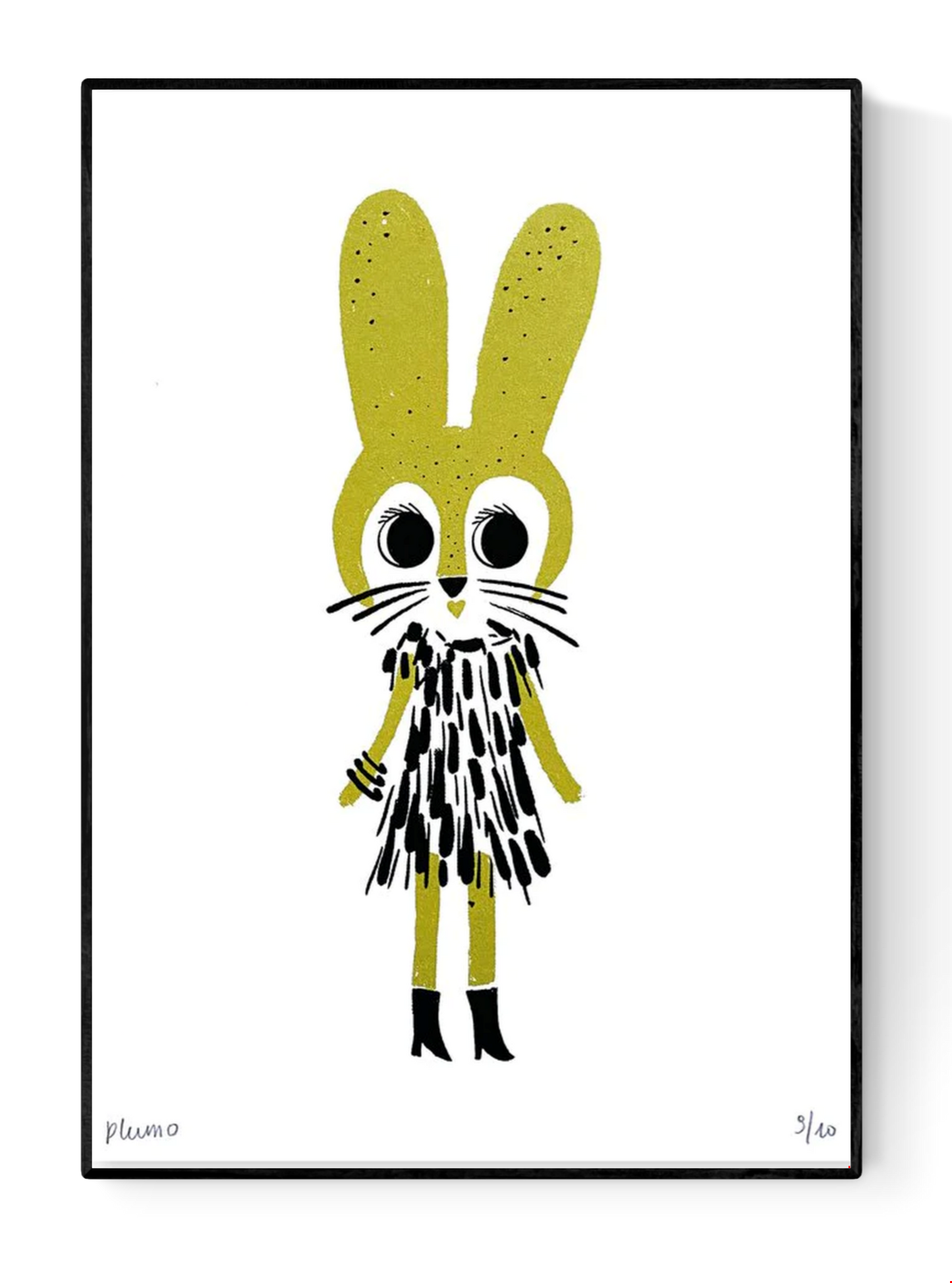 Gold Rabbit art print by Plumo – hand-printed A5 screenprint of a whimsical yellow bunny in a textured outfit, minimalist design, perfect for kids’ rooms and playful home decor