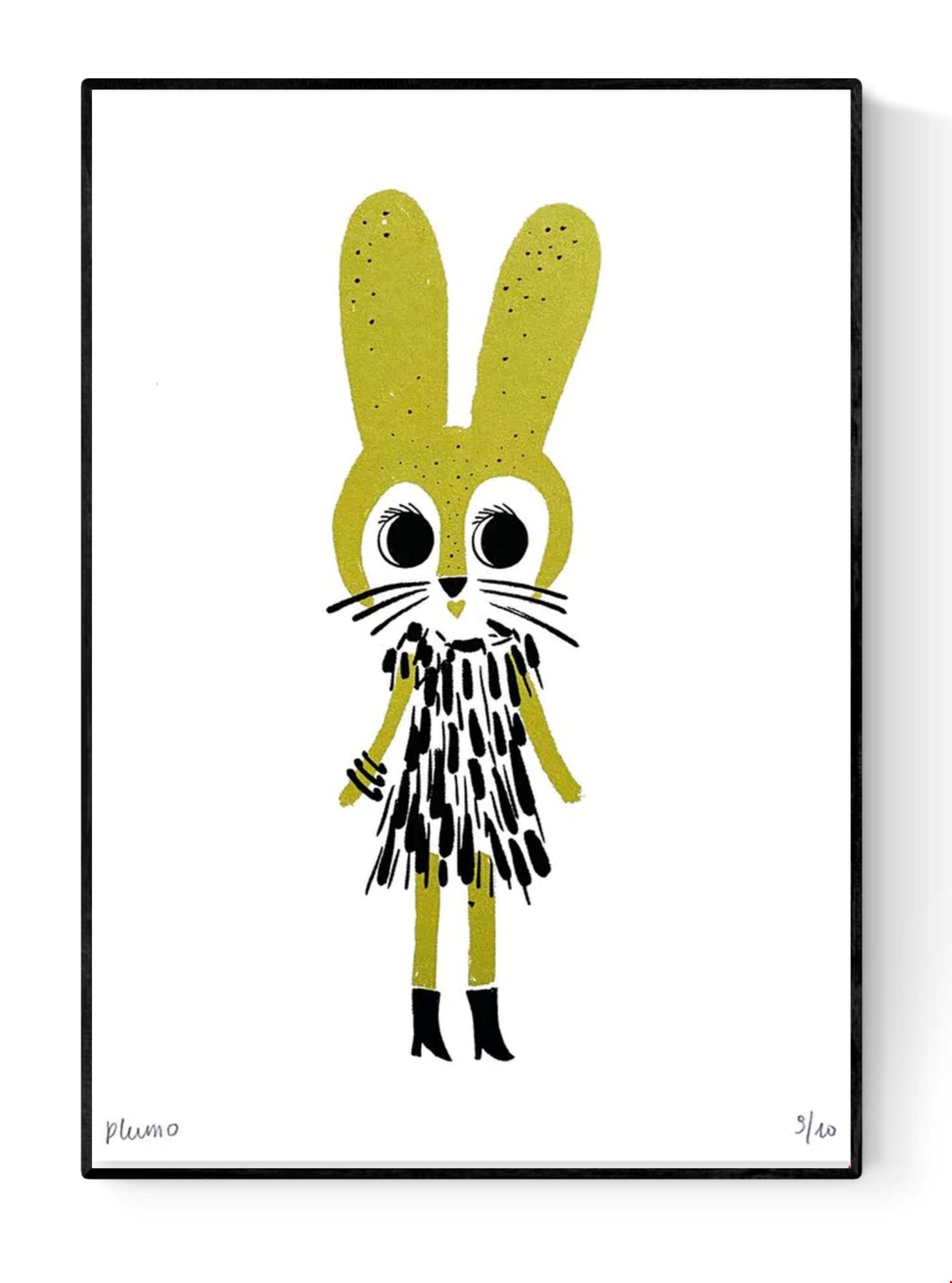 Gold Rabbit art print by Plumo – hand-printed A5 screenprint of a whimsical yellow bunny in a textured outfit, minimalist design, perfect for kids’ rooms and playful home decor