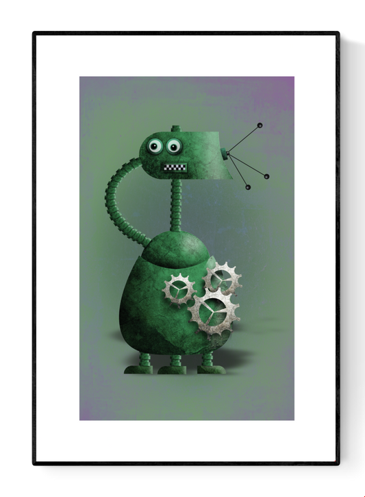 Playful green robot illustration by Studio Frits – A4 retro sci-fi art print with gears and antennas on 300g paper, perfect for kids' rooms and tech-themed decor