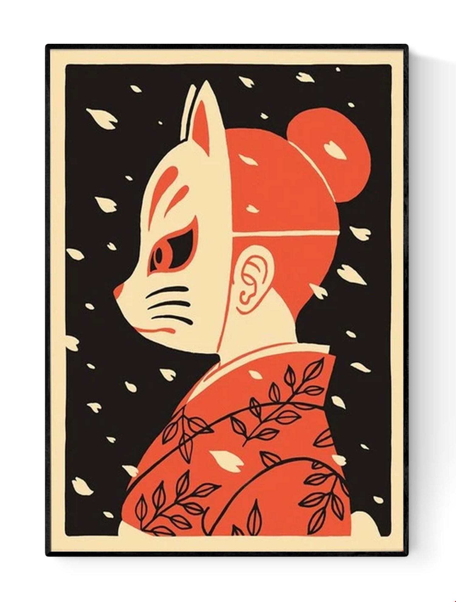 Hanami art print by Yeaaah! Studio – Japanese kitsune fox mask girl in kimono illustration, inspired by folklore and pop culture, bold modern wall art on 300g paper