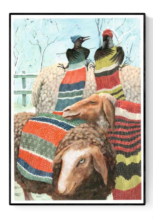 Whimsical winter illustration by Stien van Kerckhoven showing two birds knitting vibrant scarves onto sheep in a snowy landscape. A charming, humorous, and heartwarming art print that adds warmth and color to any home decor.