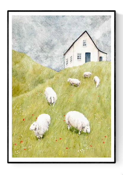 A soft watercolor-style illustration showing a white farmhouse on a green hill under a cloudy sky, with several fluffy sheep grazing among wildflowers. A serene and poetic countryside art print by Stien van Kerckhoven, perfect for cozy interiors and Scandinavian-inspired decor.