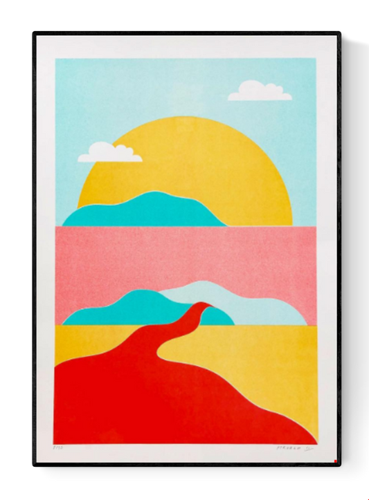 Pastel river landscape art print by PTRVRKD featuring bold red river, abstract mountains, and a yellow sun in playful pastel tones – A3 limited edition risograph print handmade in the Netherlands
