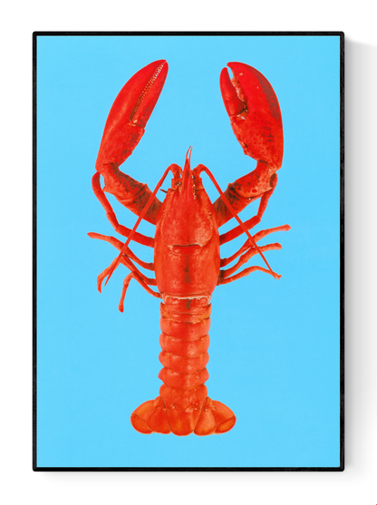 Colorful lobster illustration on bright blue background by Dutch artist PTRVRKD – A5 off-set art print on Biotop paper, perfect for modern home or kitchen decor