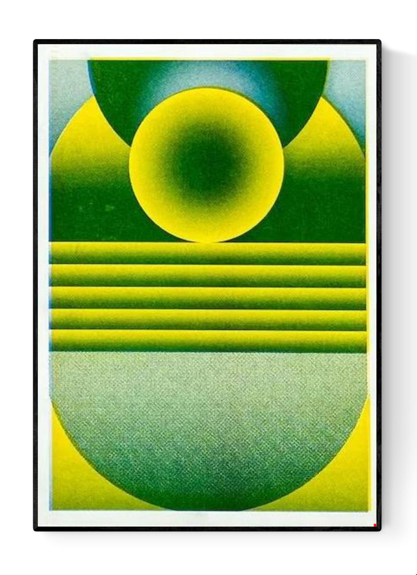 Yellow and green geometric risograph print by Dutch artist PTRVRKD – abstract landscape with bold spheres, gradients, and layered shapes, printed with eco-friendly soy inks on 250 gsm Biotop paper, handmade in the Netherlands – ideal minimalist wall art for modern interiors.