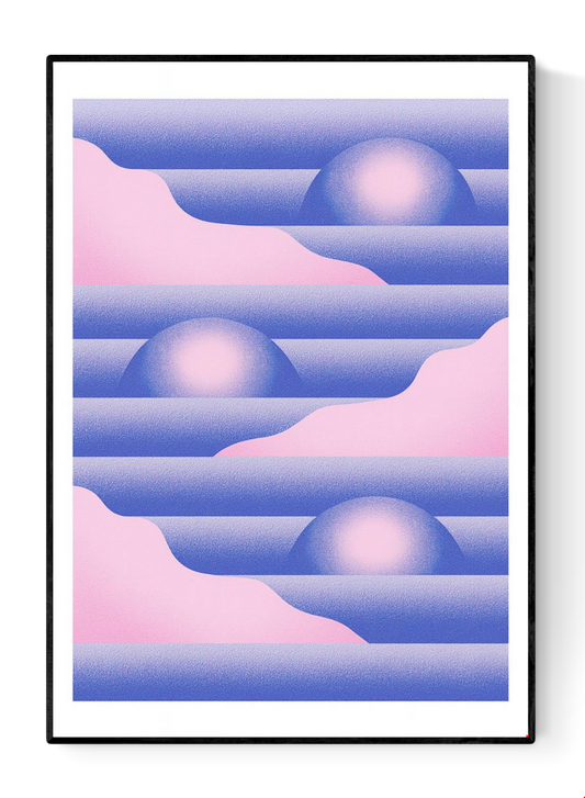 Pink and blue geometric risograph print by Dutch illustrator PTRVRKD – abstract landscape with stylized hills, layered waves, and gradient suns, printed with eco-friendly soy inks on 250 gsm Biotop paper, handmade in the Netherlands – pastel modern wall art for design enthusiasts.
