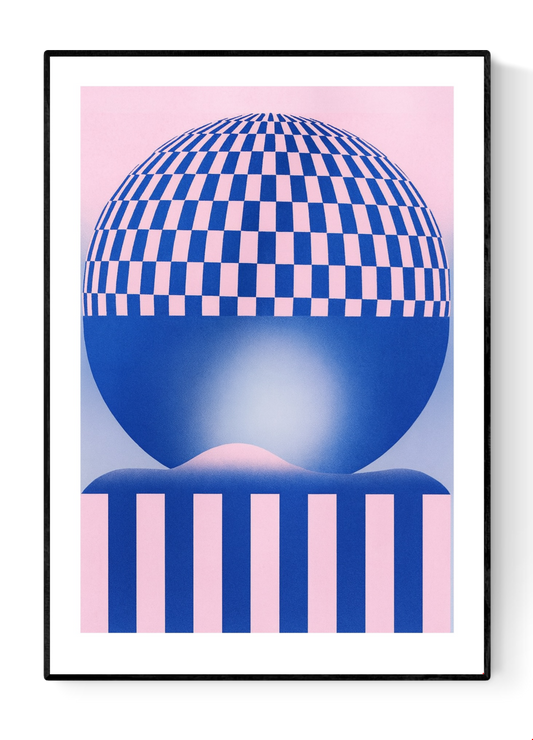 Pink and blue geometric risograph print by Dutch illustrator PTRVRKD – abstract optical landscape with checkerboard sphere, striped base, and dreamy gradient design, printed with eco-friendly soy inks on 250 gsm Biotop paper, handmade in the Netherlands – bold modern wall art for graphic design enthusiasts.