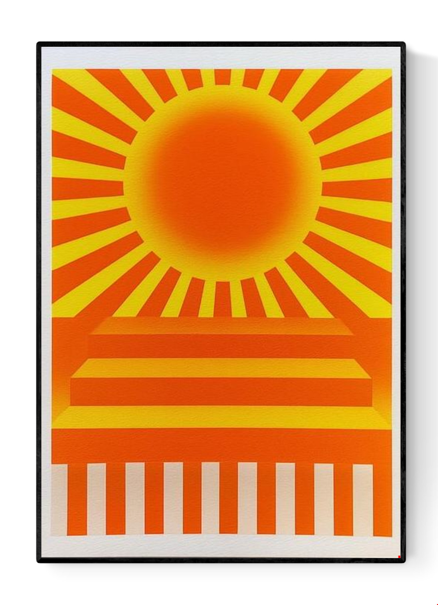 Yellow and red geometric risograph print by Dutch illustrator PTRVRKD – bold sunburst design with radiating rays, abstract stairs, and striped base, printed with eco-friendly soy inks on 250 gsm Biotop paper, handmade in the Netherlands – modern, colorful wall art full of energy.