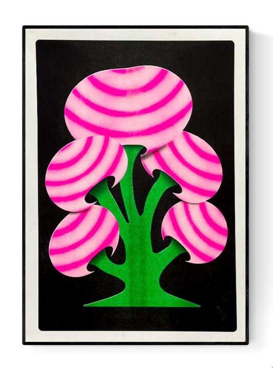 Limited edition A3 risograph print by Dutch illustrator PTRVRKD – bold funky mushroom design with green organic stem, large pink striped caps, and deep black background, printed with eco-friendly soy inks on 200 gsm paper, handmade in the Netherlands – signed, numbered, and strictly limited to 6 copies.