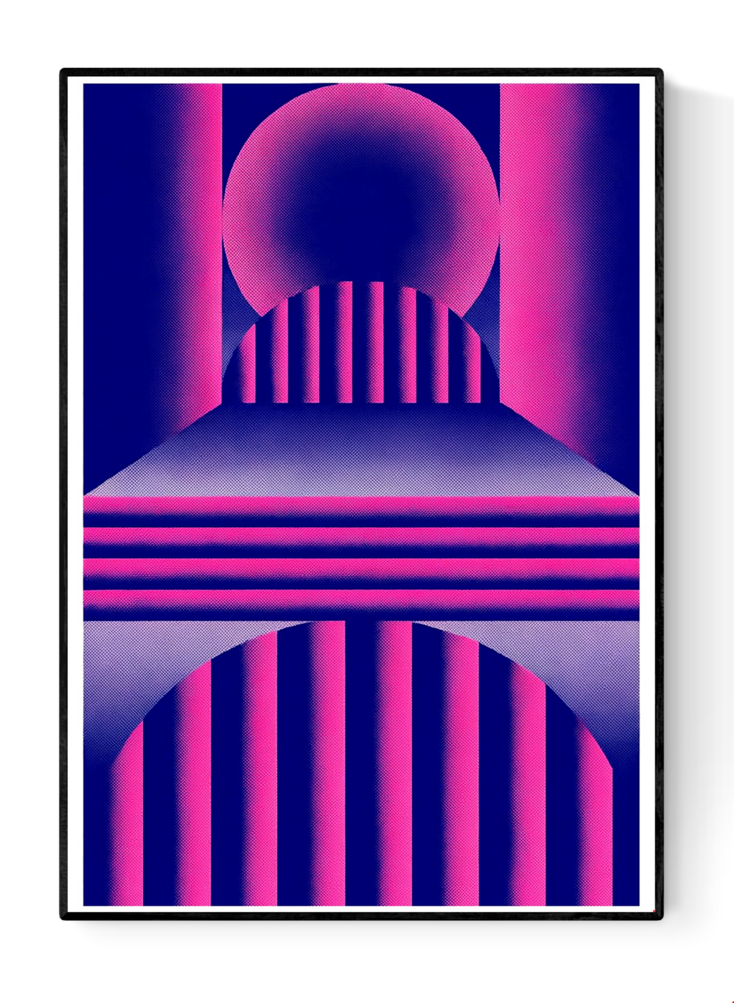 Pink and blue geometric risograph print by Dutch illustrator PTRVRKD – bold abstract landscape with arches, stripes, and layered architectural shapes in retro-futuristic design, printed with eco-friendly soy inks on 250 gsm Biotop paper, handmade in the Netherlands – striking modern wall art for design enthusiasts.