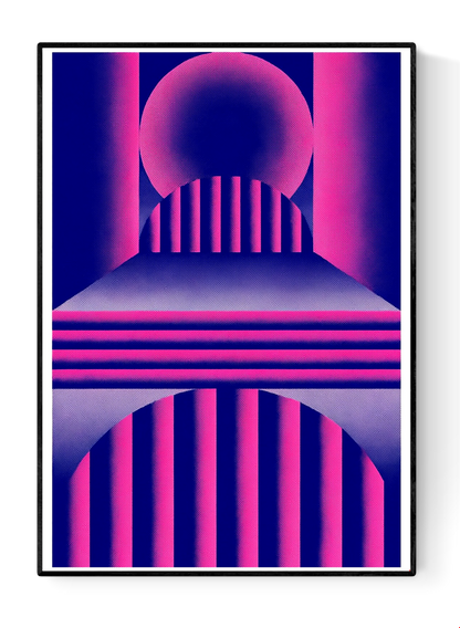 Pink and blue geometric risograph print by Dutch illustrator PTRVRKD – bold abstract landscape with arches, stripes, and layered architectural shapes in retro-futuristic design, printed with eco-friendly soy inks on 250 gsm Biotop paper, handmade in the Netherlands – striking modern wall art for design enthusiasts.
