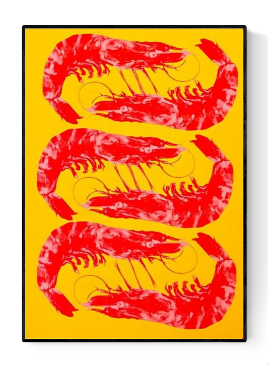 Bright yellow and red offset print of three shrimp by Dutch illustrator PTRVRKD – playful pop-art seafood design, bold color composition printed with eco-friendly soy inks on 250 gsm Biotop paper, handmade in the Netherlands – quirky small art print for modern kitchens or walls.