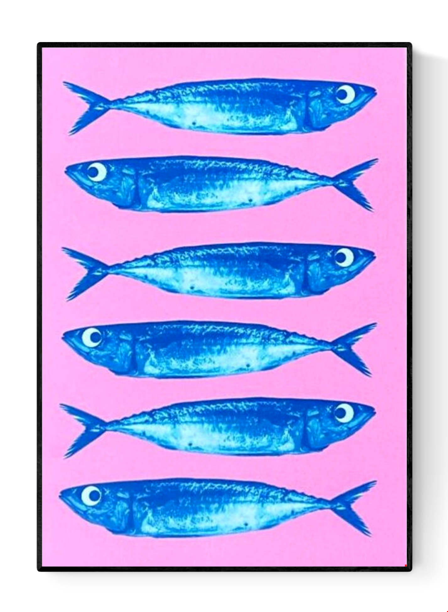 Bright pink and blue offset print of sardines by Dutch illustrator PTRVRKD – playful modern seafood illustration with seven blue fish on bold pink background, printed with eco-friendly soy inks on 250 gsm Biotop paper, handmade in the Netherlands – quirky small art print for kitchens or walls.