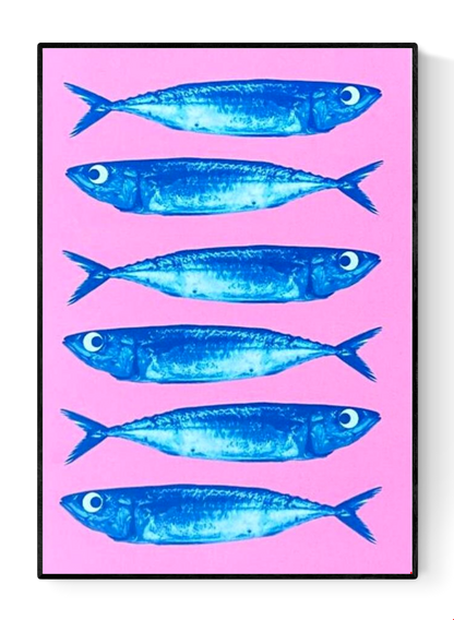 Bright pink and blue offset print of sardines by Dutch illustrator PTRVRKD – playful modern seafood illustration with seven blue fish on bold pink background, printed with eco-friendly soy inks on 250 gsm Biotop paper, handmade in the Netherlands – quirky small art print for kitchens or walls.
