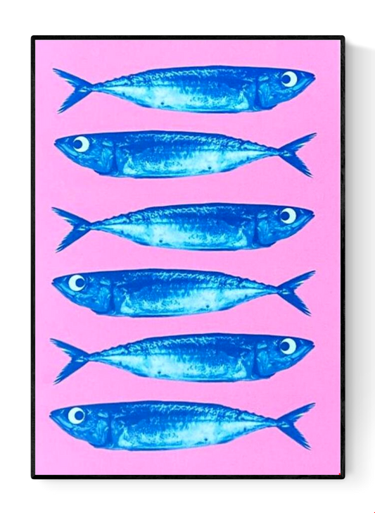 Bright pink and blue offset print of sardines by Dutch illustrator PTRVRKD – playful modern seafood illustration with seven blue fish on bold pink background, printed with eco-friendly soy inks on 250 gsm Biotop paper, handmade in the Netherlands – quirky small art print for kitchens or walls.