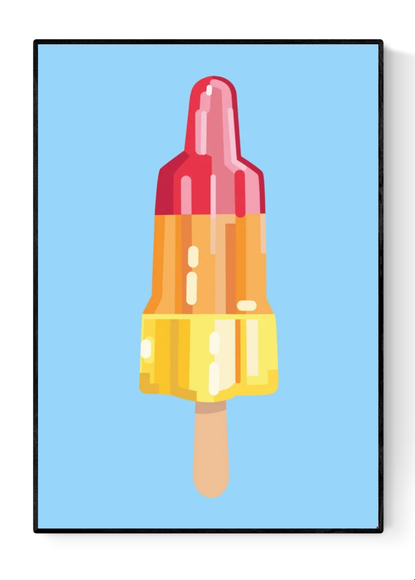 “Rocket Science” by Floor 4 Productions – Colorful A4 art print of a red-yellow rocket-shaped popsicle on a blue background, digital pop art illustration printed in Belgium on matte paper.