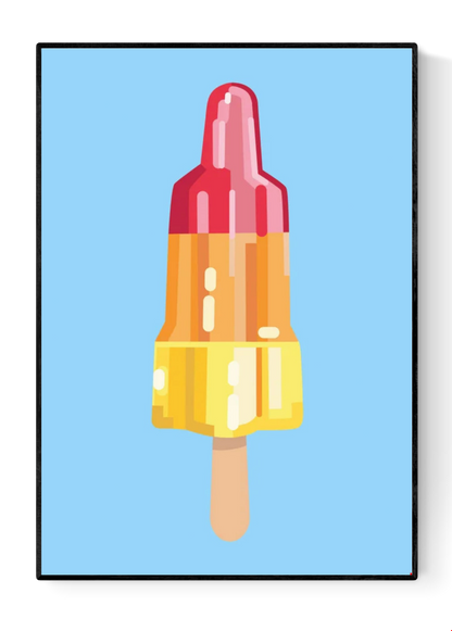 “Rocket Science” by Floor 4 Productions – Colorful A4 art print of a red-yellow rocket-shaped popsicle on a blue background, digital pop art illustration printed in Belgium on matte paper.