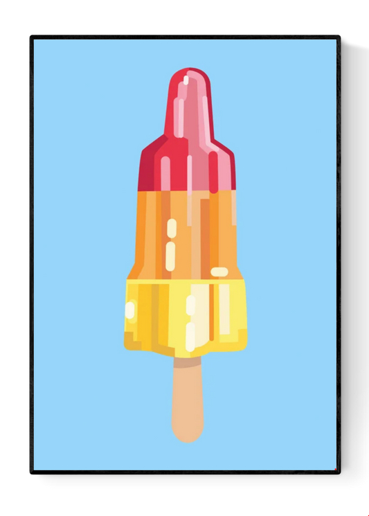 “Rocket Science” by Floor 4 Productions – Colorful A4 art print of a red-yellow rocket-shaped popsicle on a blue background, digital pop art illustration printed in Belgium on matte paper.