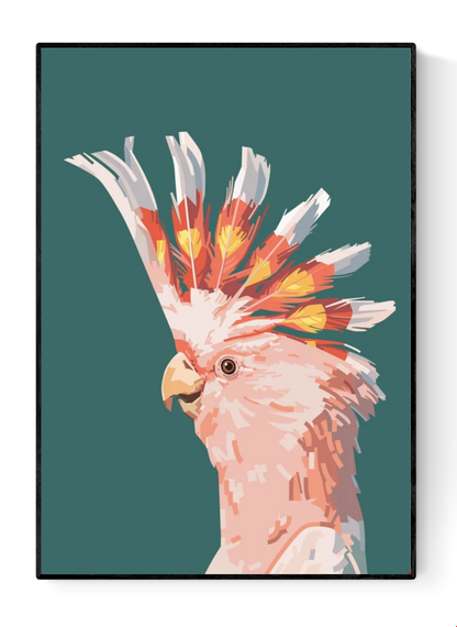 “Fashionista” by Floor 4 Productions – Digital art print of a pink cockatoo with vibrant yellow and orange crest on a muted green background, minimalist A4 wall decor made in Belgium.