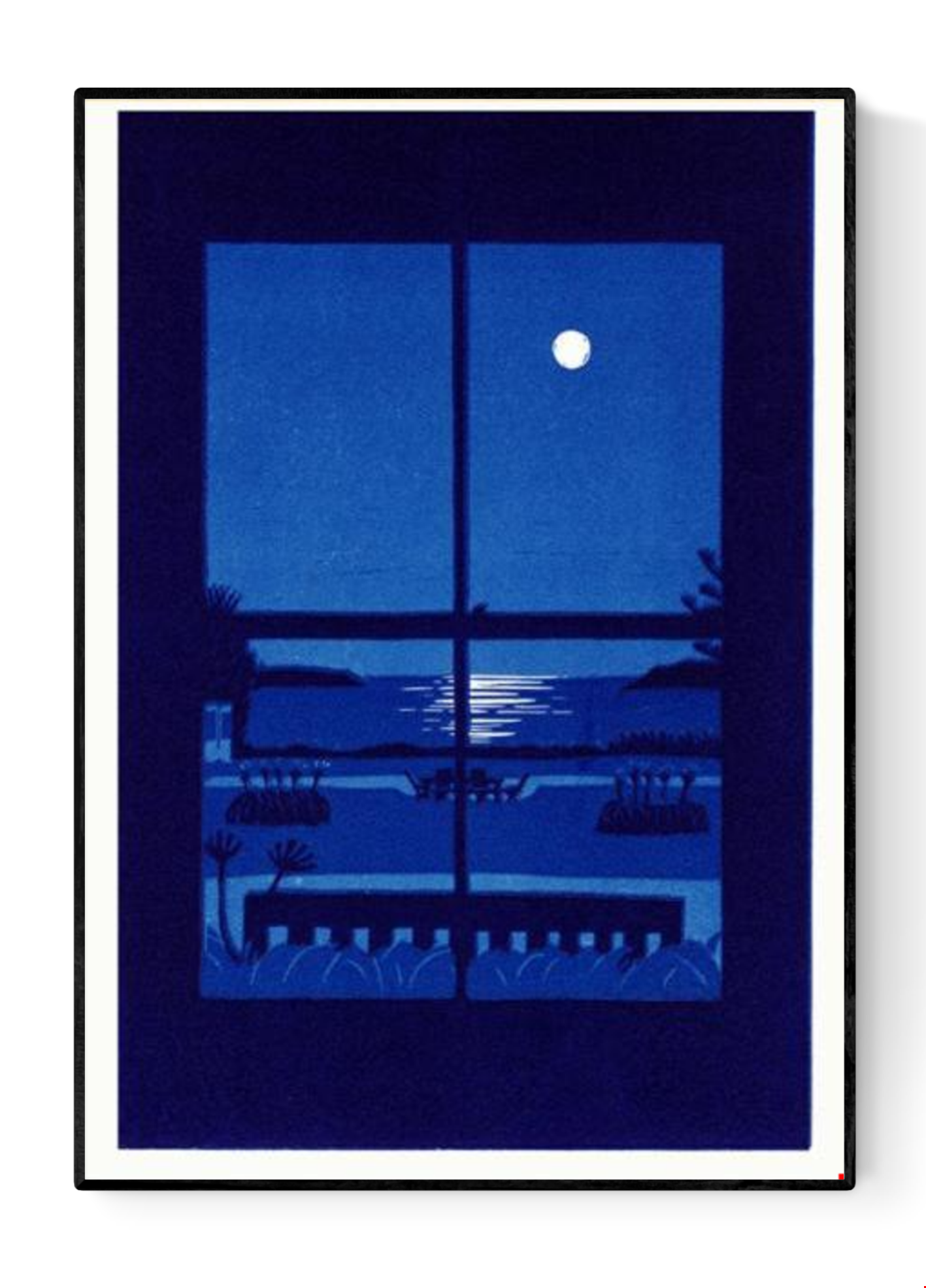 Summer Night by French illustrator Mathilde Solanet, A3 (29.7 x 42 cm) risograph print in 3 colors, limited edition of 150 signed and numbered copies. Artwork shows a serene moonlit coastal landscape through a window in rich blue tones. Printed on 150g Munken Print White paper, made in Belgium, unframed, packaged in protective sleeve with cardboard backing.